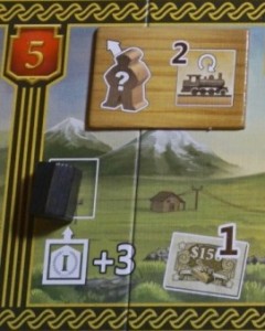 Case télégraphe : le joueur noir a eu droit à 4 parts du télégraphe (3+1) ; les suivants n’auront droit qu’à une seule. Tous peuvent déclencher l’effet : sacrifier un meeple pour retourner deux trains (ou deux fois le même)