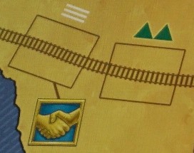 Deux emplacements de rail : à gauche, la plaine, sans coût supplémentaire ; à droite, des collines, coûtant davantage. La pose d’un rail sur la case de gauche déclenche une phase de marché.