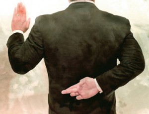 Editorial style illustration of a business man or politician taking an oath. This is a two part illustration.